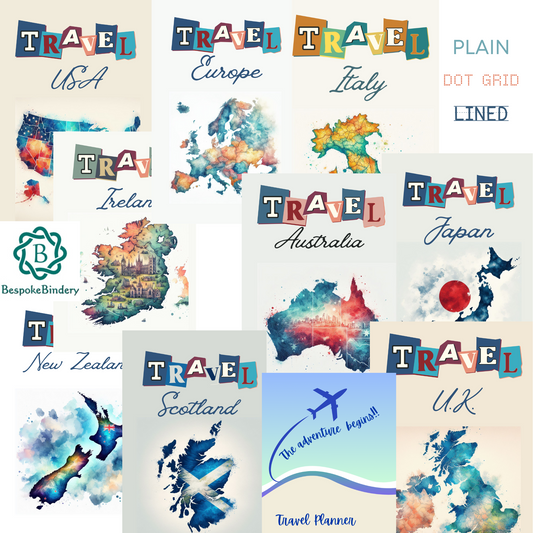 A collage of many Travel Journals each with a different country title and abstract map. Choose from USA, Europe, Italy, Ireland, Australia, Japan and more