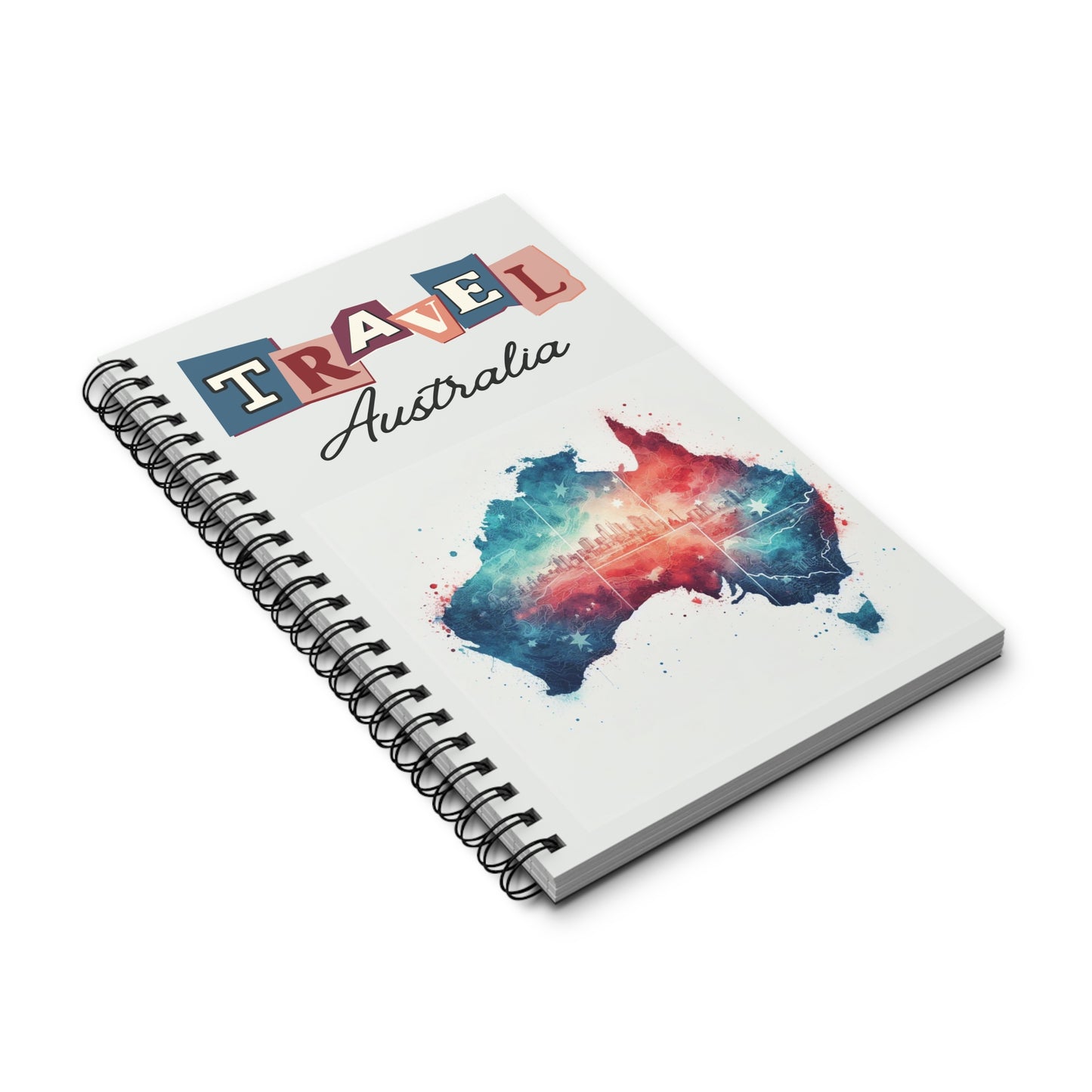 The Prodigi Travel Australia spiral-bound notebook features Travel in colorful letters and Australia in script on a cover with a vibrant watercolor map of Australia, perfect for your adventure. Choose from dot grid, lined, or blank pages.