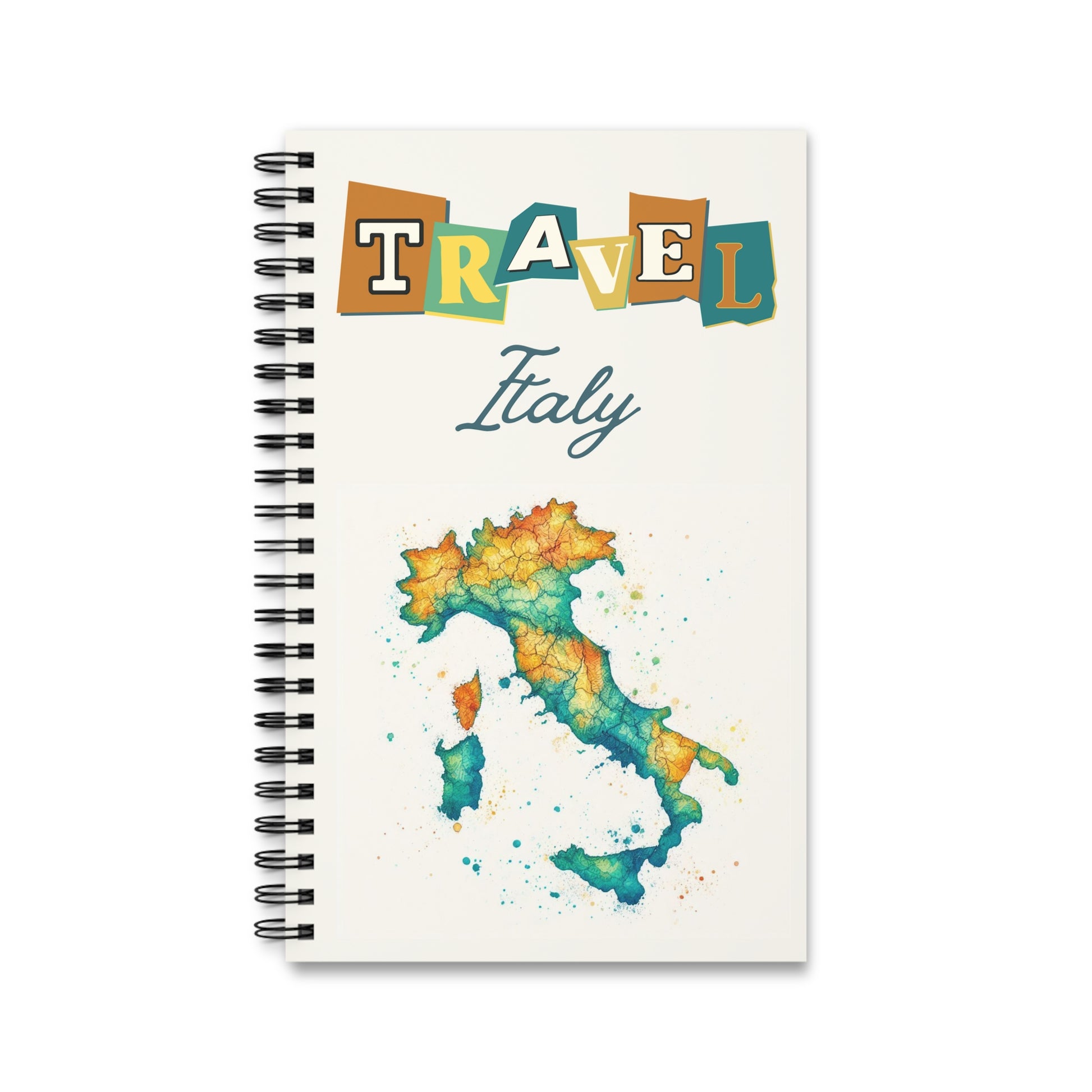 The Italy travel journal by Prodigi is a spiral-bound notebook for your Italian adventure, featuring the word TRAVEL in vibrant letters, Italy in elegant script, and a watercolor map of Italy in blue, green, and yellow. Choose blank, lined, or dot grid pages.