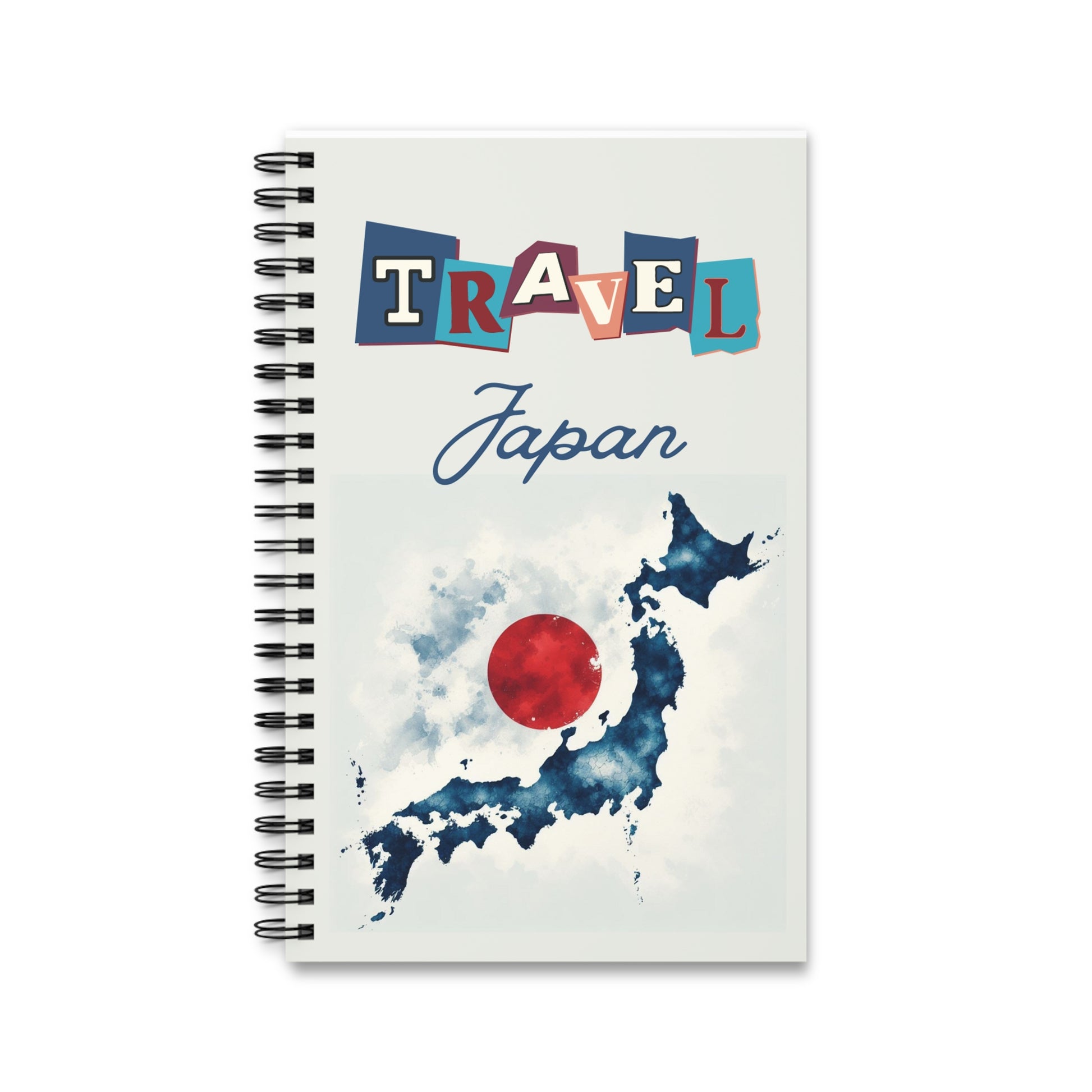 The Prodigi Travel Japan Notebook features a spiral-bound design with Travel in colorful letters and a watercolor map cover highlighting Japans iconic red circle, reminiscent of its flag, making it ideal for travel journaling. Available in blank, lined, or dot grid formats.