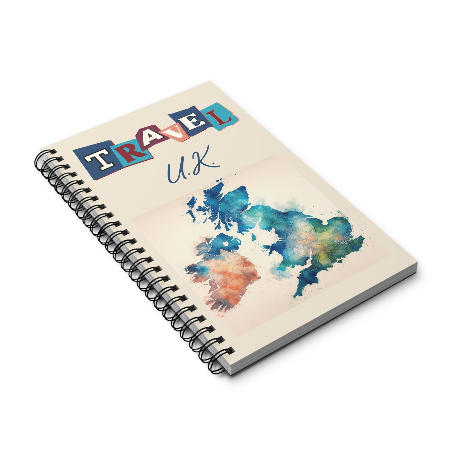 The Prodigi spiral-bound travel notebook, Travel the UK, features a colorful watercolor map of the UK with TRAVEL U.K. in bold, perfect for capturing British cultural experiences. Choose your page design.
