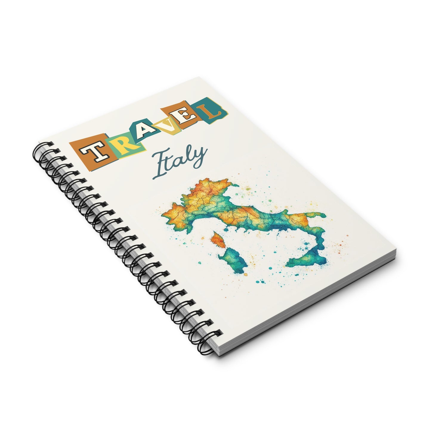 The Prodigi Italy Travel Journal, a spiral-bound notebook for your Italian adventure, features a watercolor map of Italy on the cover. Travel is in colorful block letters with Italy beneath, all artistically angled against a white background.