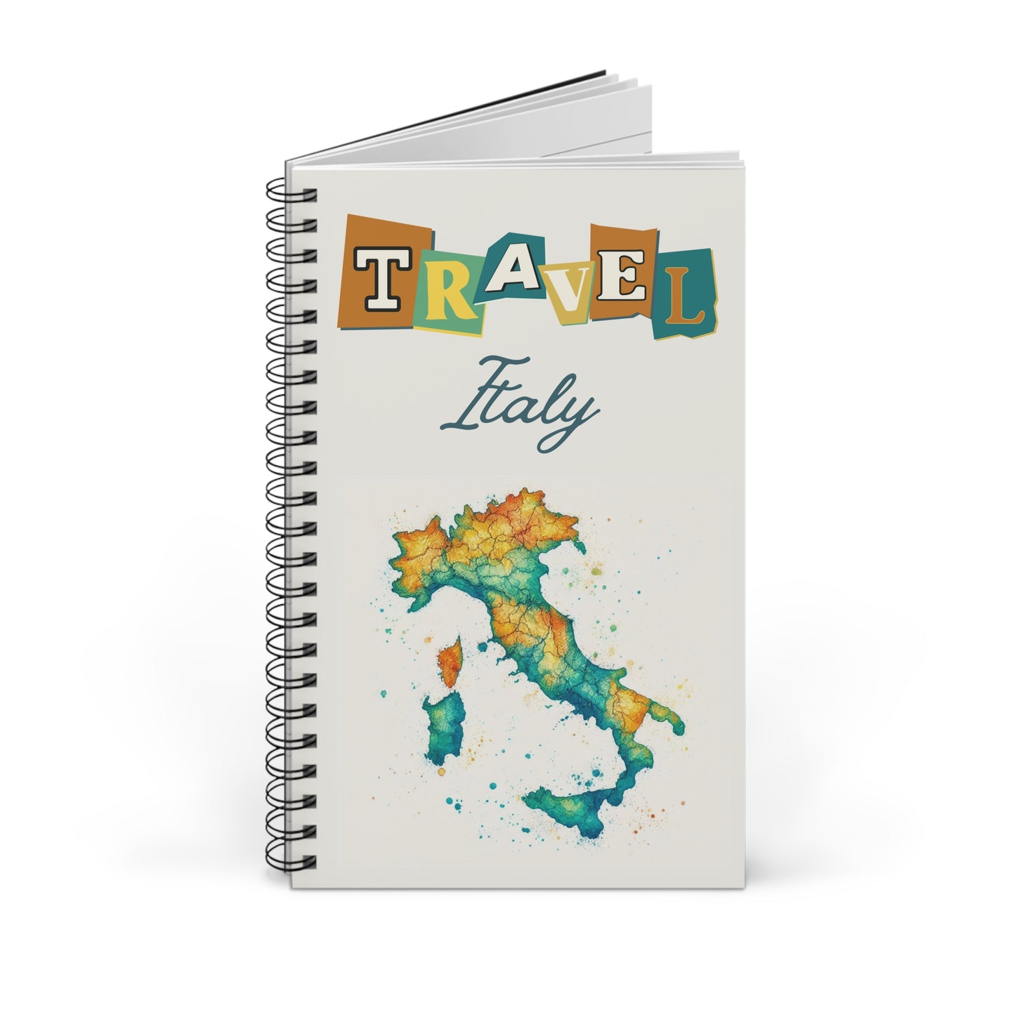 The Italy travel journal by Prodigi is a spiral-bound notebook featuring an artistic watercolor map cover with Travel in bold, mixed-style letters. Ideal for Italian adventures, it offers blank, lined, or dot grid pages for your travel notes.