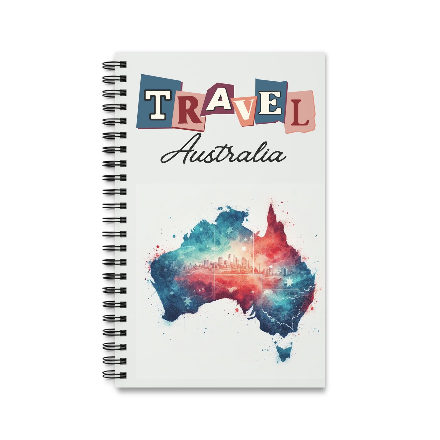 The Prodigi Travel Australia Spiral Notebook features a collage cover with Travel, Australia in elegant script, and an artistic map. A vibrant cityscape in reds and blues makes it perfect for chronicling your adventures. Choose dot grid, lined, or blank pages for your journey.