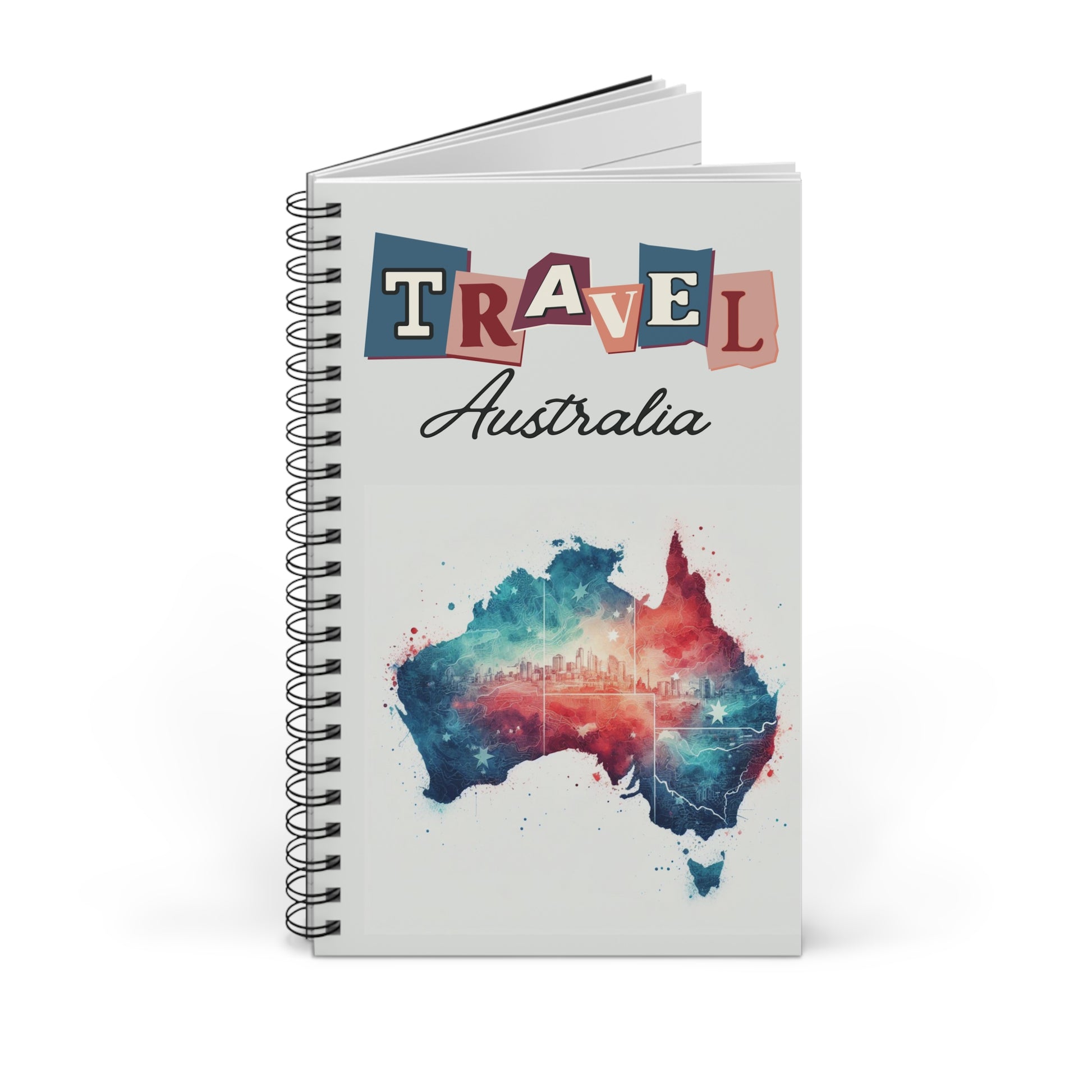 The Prodigi Travel Australia spiral-bound notebook offers dot grid, lined, or blank pages. Its cover showcases a vibrant blue and red artistic map of Australia beneath the text with a skyline silhouette—ideal for your Australian travel adventures.