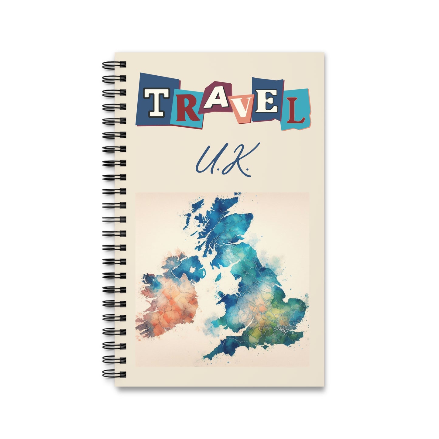 The Travel the UK spiral-bound notebook by Prodigi features a vibrant watercolor map of the United Kingdom with Travel in colorful letters and U.K. in elegant script. Its ideal for recording British cultural experiences, and you can choose your page design for easy journaling.