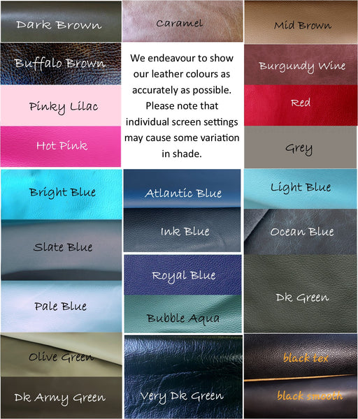 colour chart of leather choices for personalised leather journals and notebooks
