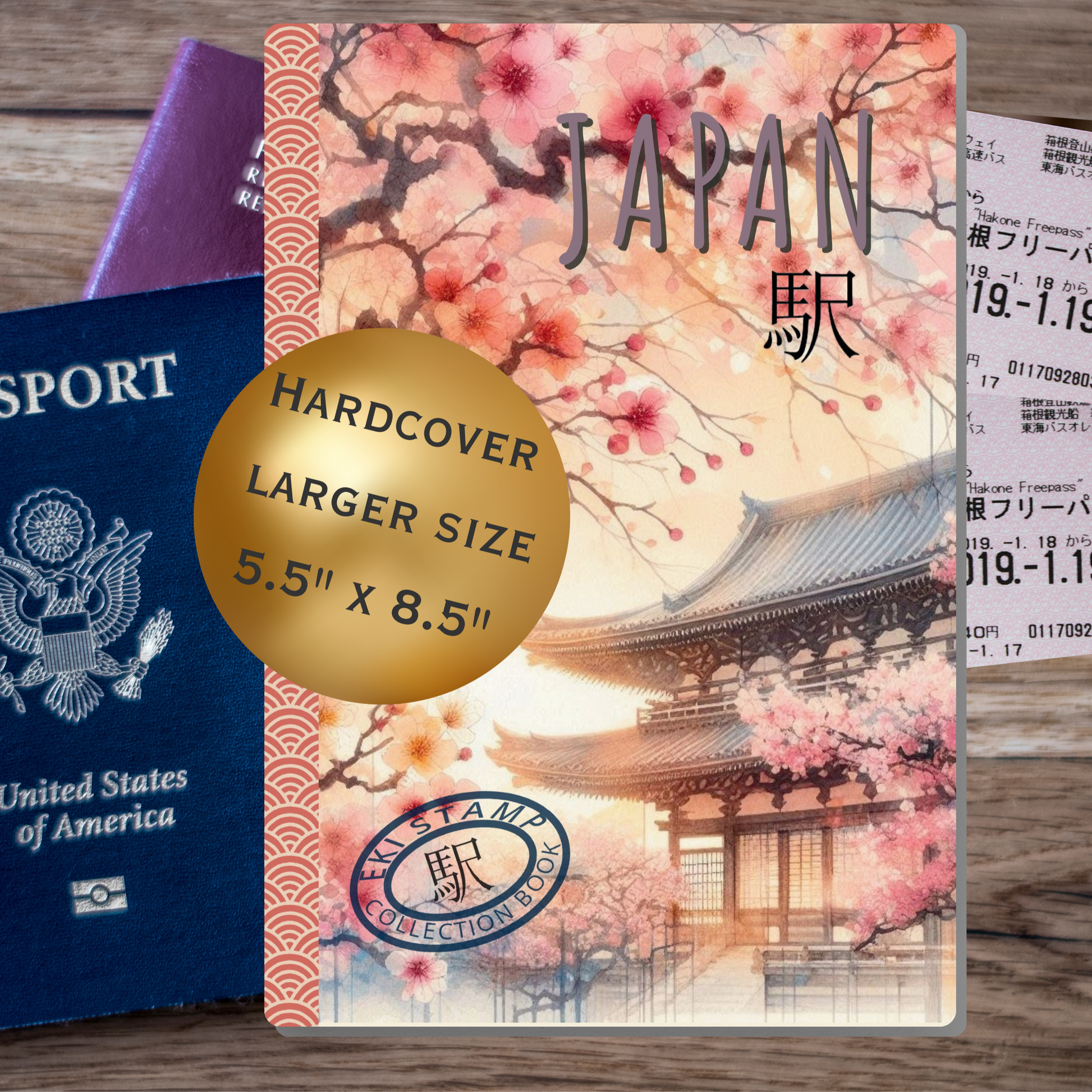 Book with cherry blossom design and Japanese text, labeled 'Japan', next to a passport on a wooden surface.