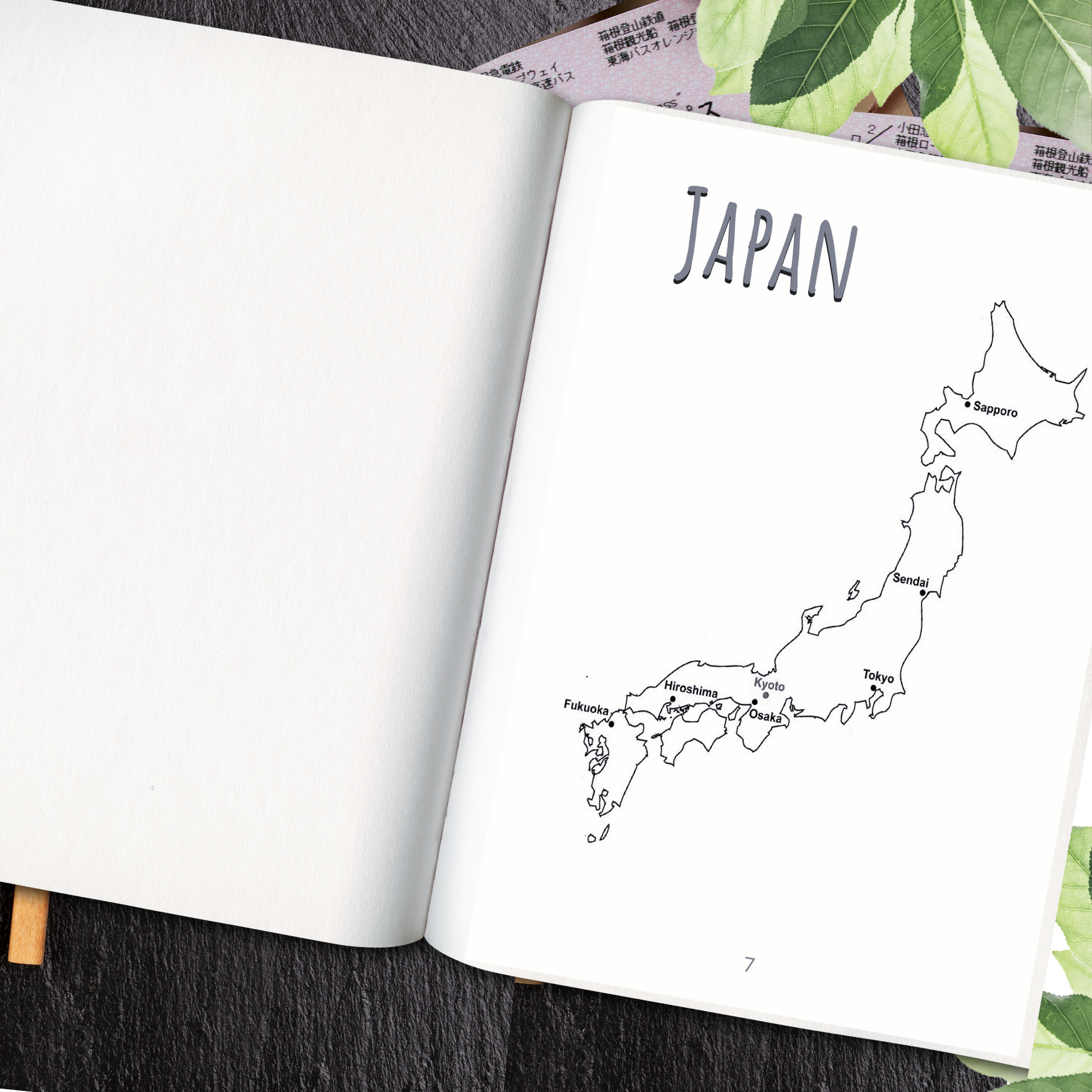 Open book with a map of Japan on a dark surface with green leaves.