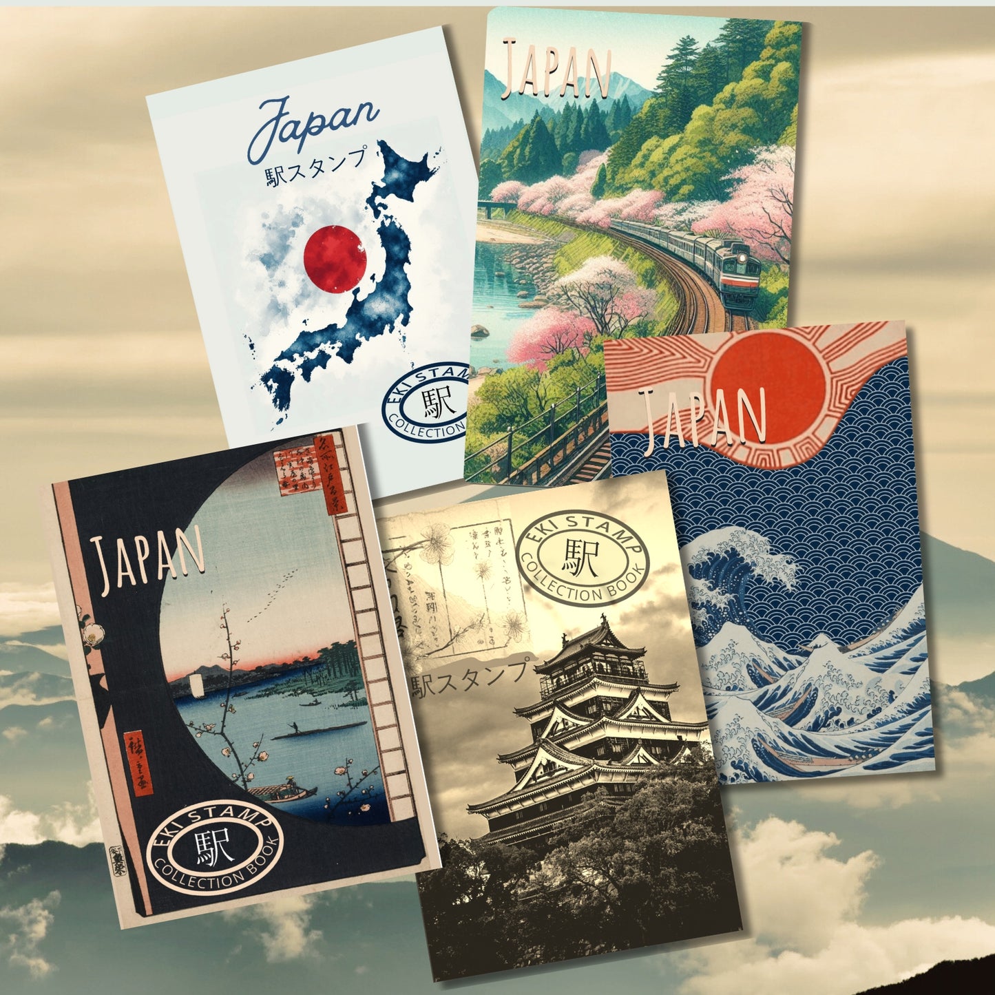 a Collection of JApan Eki Stamp collection notebooks for collecting travel stamps.. Japanese map, vintage temple, rising sun and wave and japanese railway journe