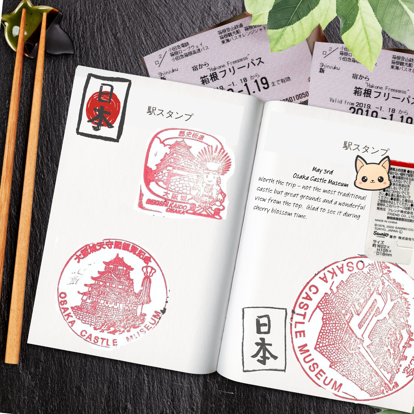 Open Eki Stamp Passport with Osaka Castle stamps and notes