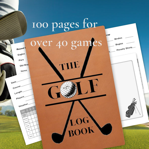 Front cover of The Golf Log Book in tan leather effect print with 4 pages from the interior of the journal.  Background of a golf course with a golf iron and golf glove peeping in at the side