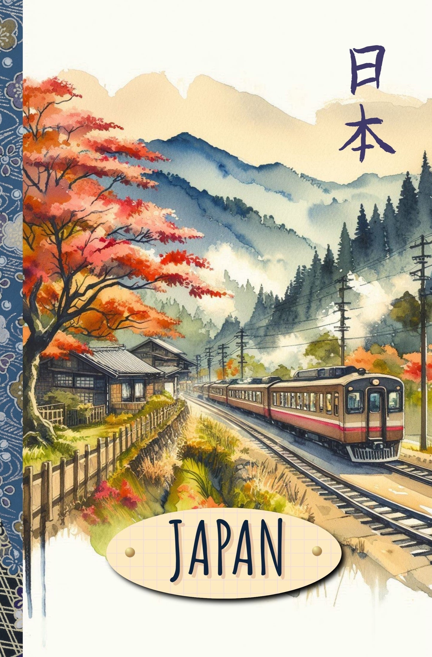 Illustration of a train in Japan with autumn foliage and traditional architecture.