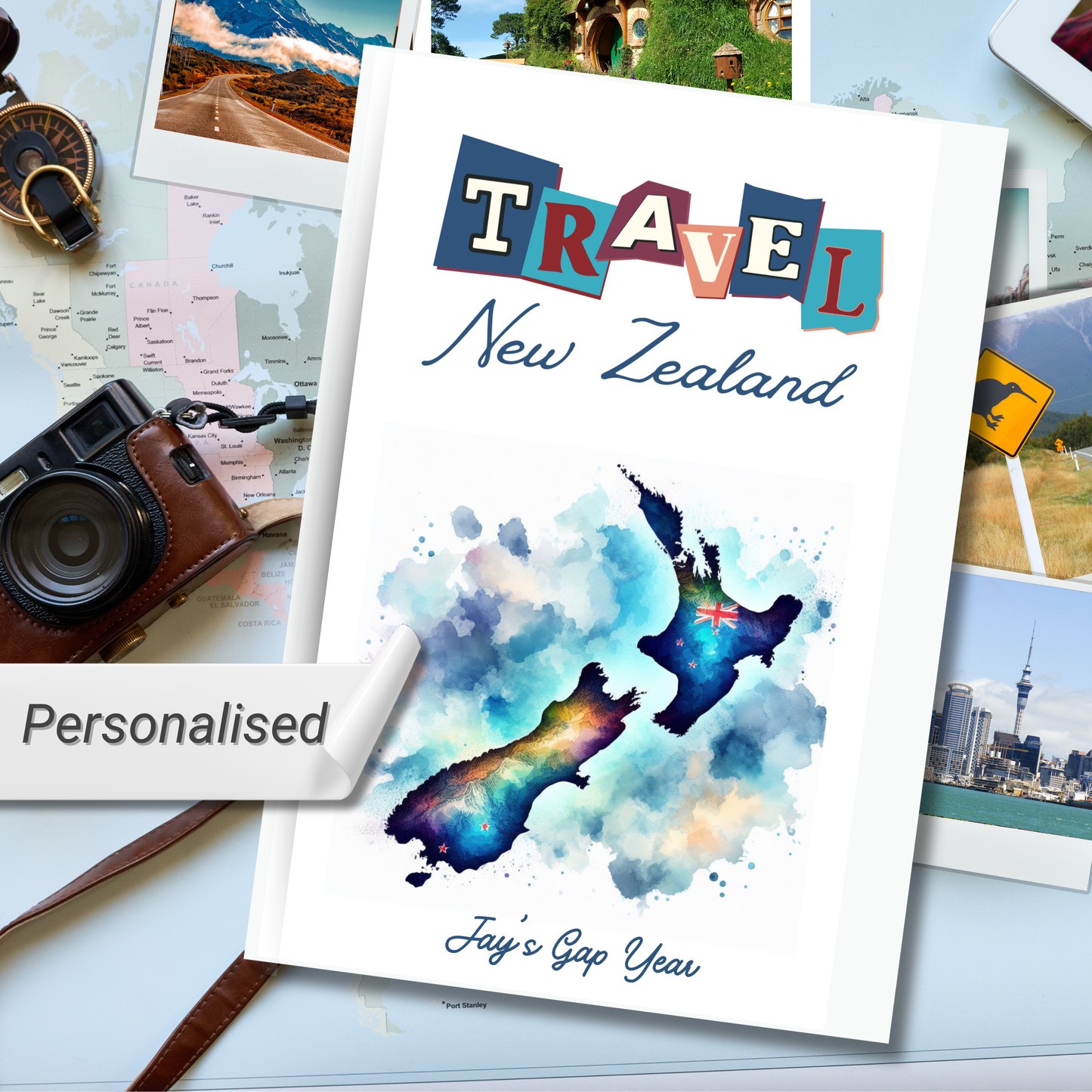 Travel New Zealand personalised hardback notebook with New Zealand map image surrounded by Tourist photos of New Zealand