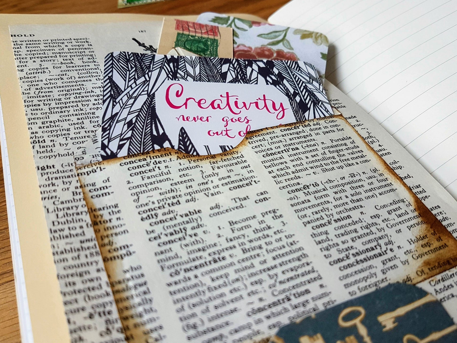 Vintage dictionary junk journal page with handmade envelope and tuck spot