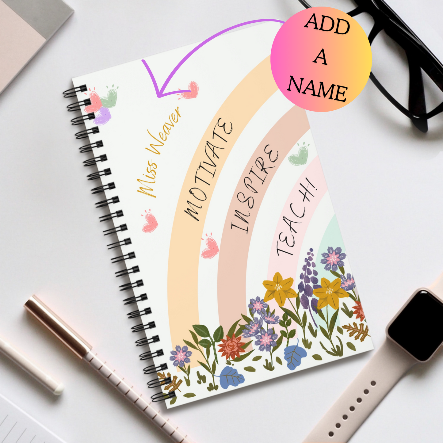 Personalised Teacher Gift Notebook, Ruled Pages, Motivate, Inspire, Teach!