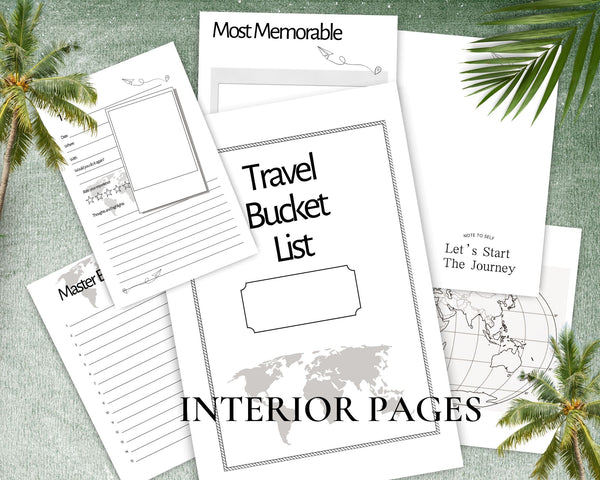 a sample of the type of pages inside the travel bucket list including title page at the front, let's start a journey travel quote and most memorable