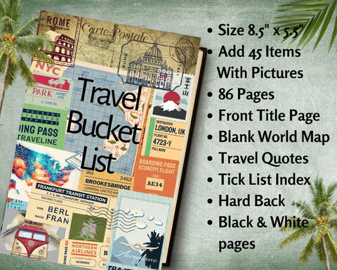 tRAVEL bUCKET lIST jOUrnal with compilation of travel related images like postcard, boarding pass, camper van with bullet points of the advantages of the journal listed at the side
