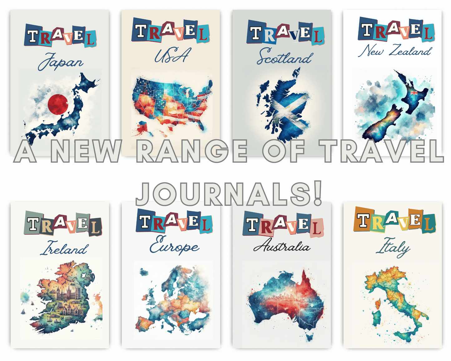 A selection of travel journals for different countries, each depicting an abstract map of the country.