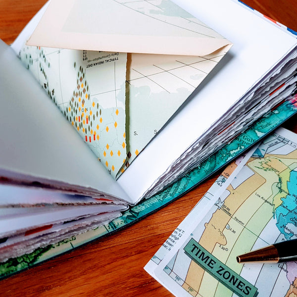 travel items in a handmade travel journal