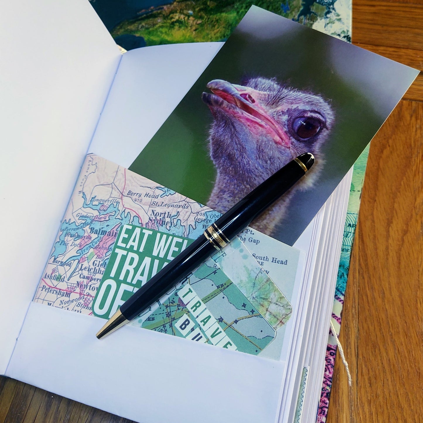 Ostritch postcard tucked into Australia map as a folded pocket. Black pen for illustration
