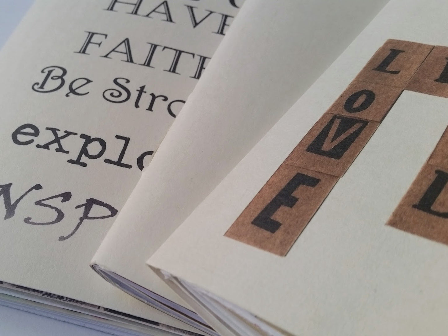 Junk Journal 3 pack with inspirational text, have faith, scrabble style text, travel love live,  and blank covers