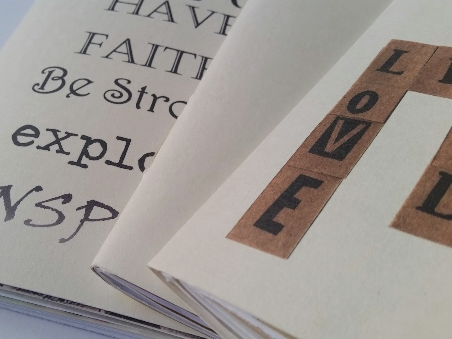 Junk Journal 3 pack with inspirational text, have faith, scrabble style text, travel love live,  and blank covers