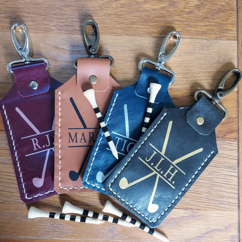 leather personalised clips with golf tees