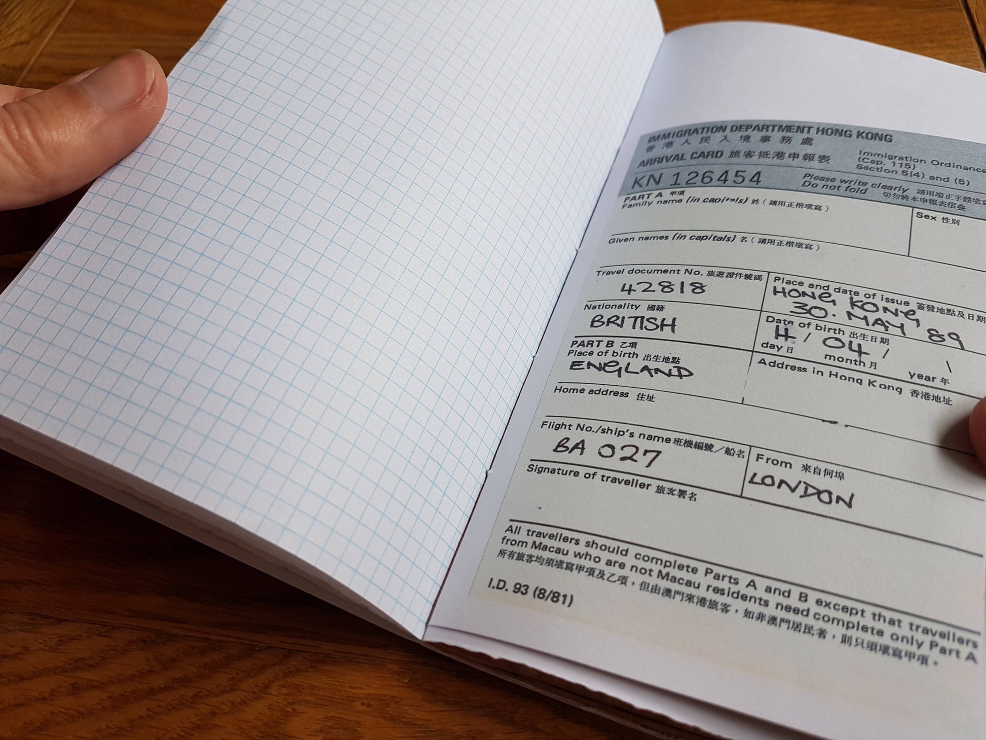 Immigration Card in Traveler's Notebook Insert Junk Journal