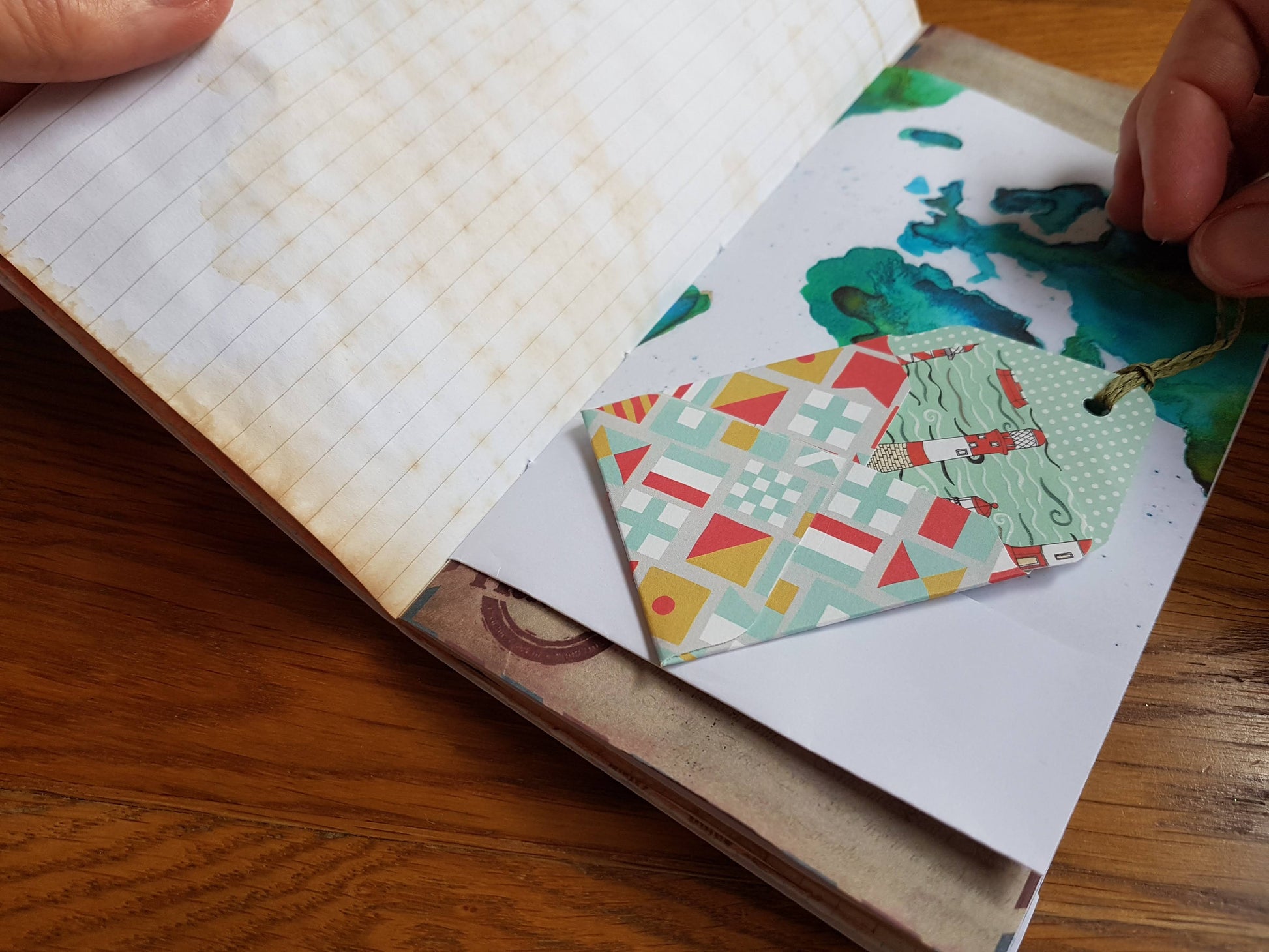 Travel Tag in Bespoke Bindery's Travel junk journal with map stripe collage cover