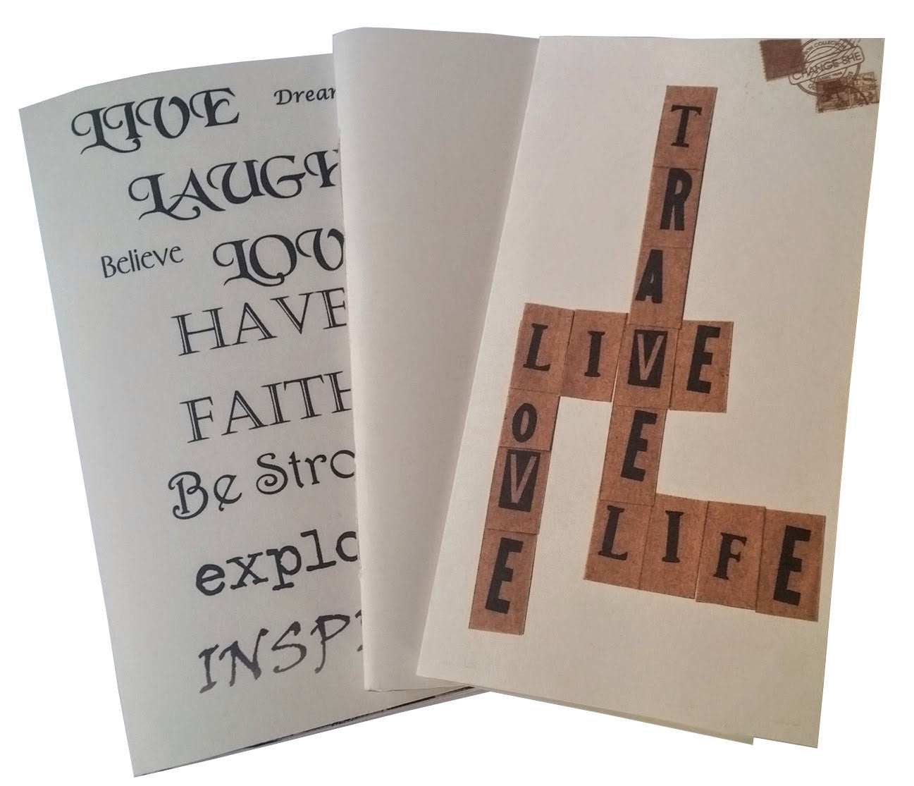 Multi pack junk journals from Bespoke Bindery with Inspirational text covers. live, laugh, love, travel Love Life