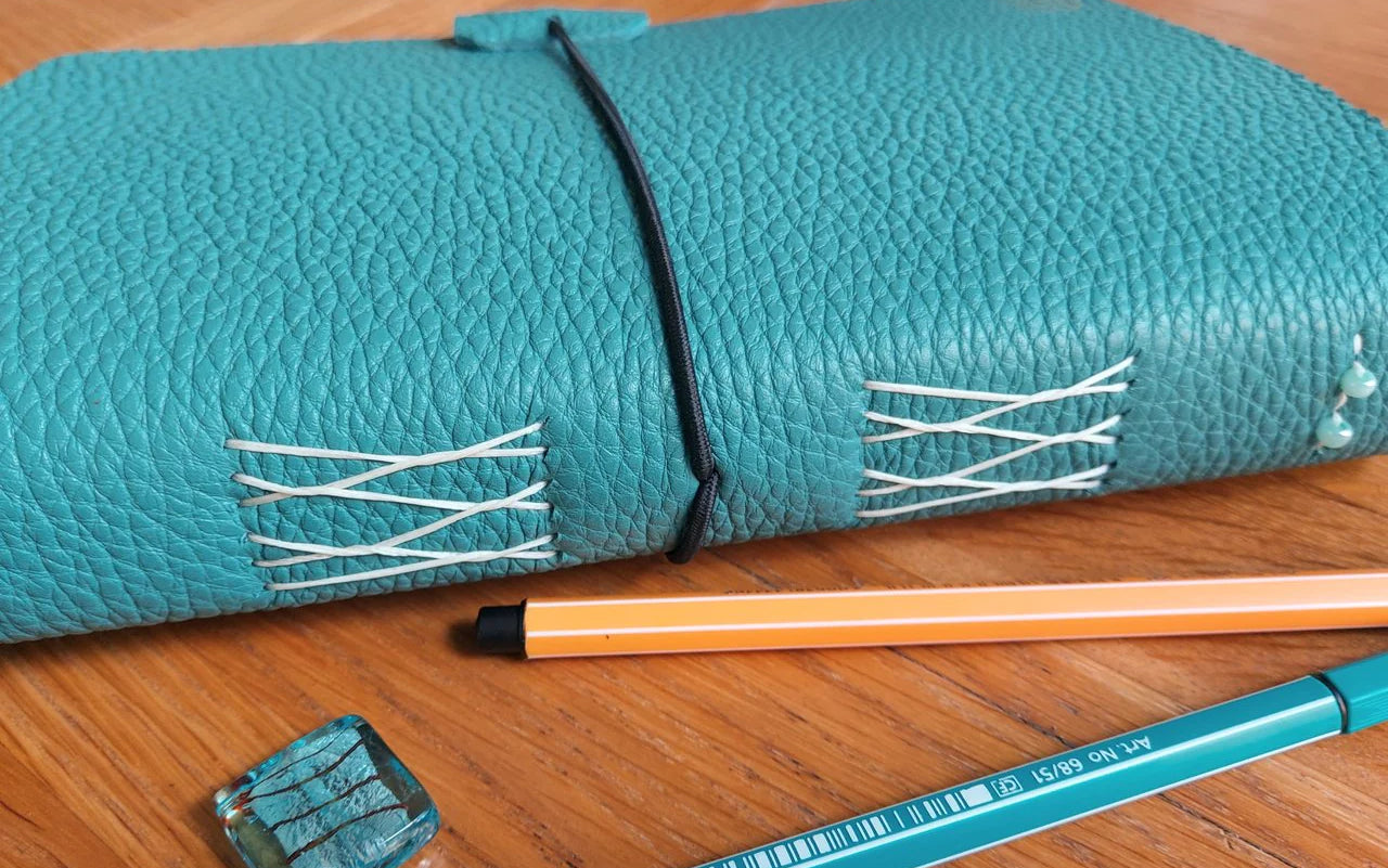 bubble aqua leather travel journal french link stitch spine