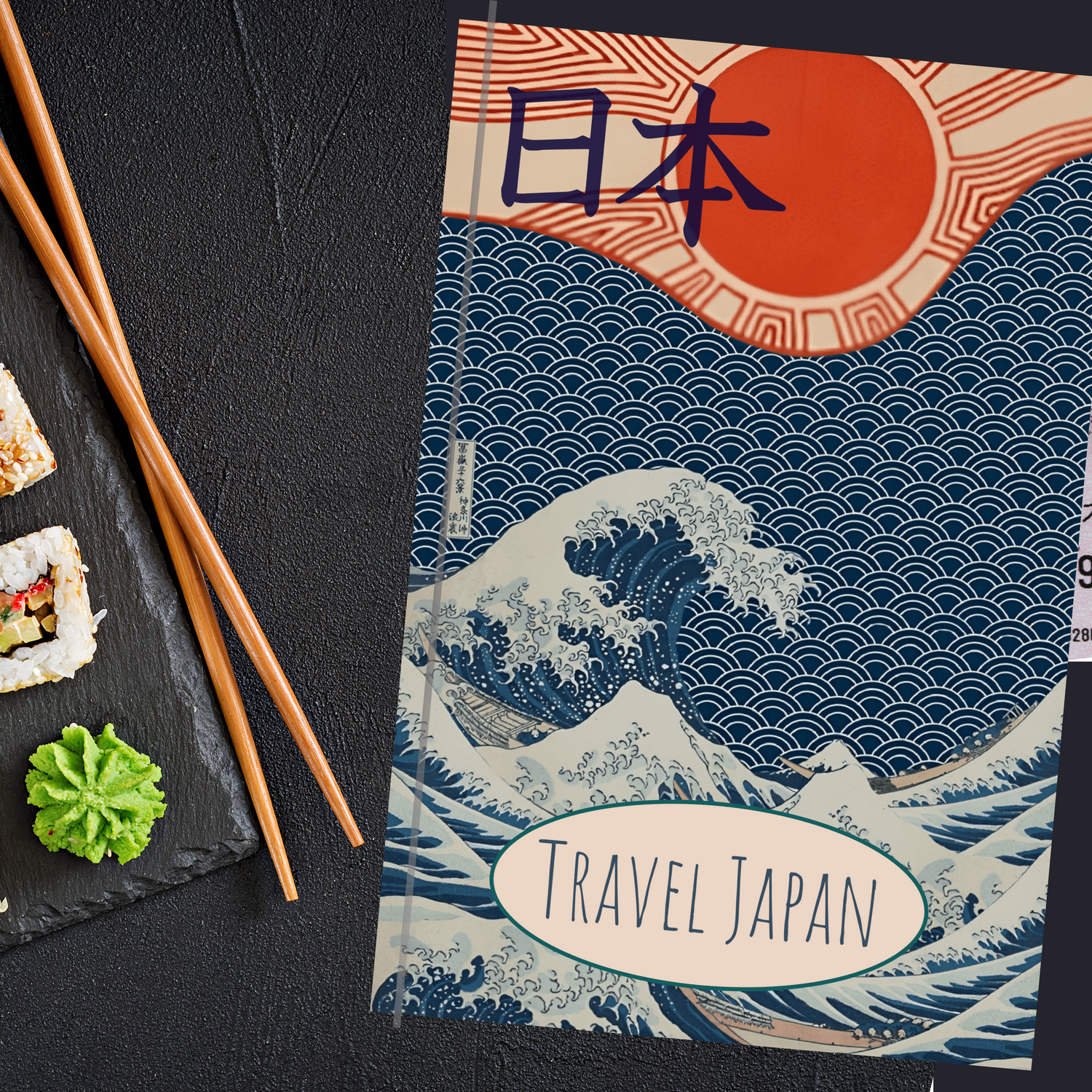 Travel Japan journal in red and blue featuring a traditional Japanese wave design, land of the rising sun image and japanese characters