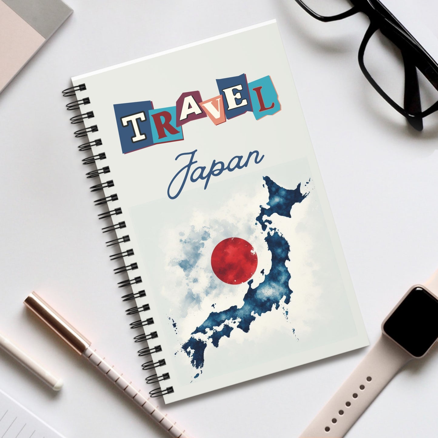 Travel Japan Notebook,  Spiral bound, blank, lined or dot grid travel journal for Japan