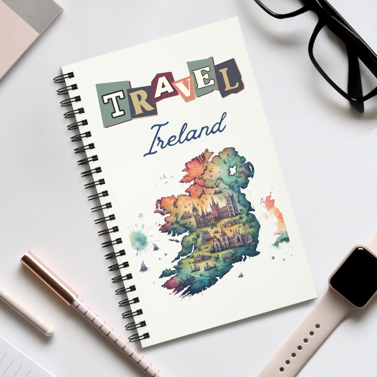 Ireland Travel Notebook, Spiral bound notebook with either dot grid, lined or blank pages