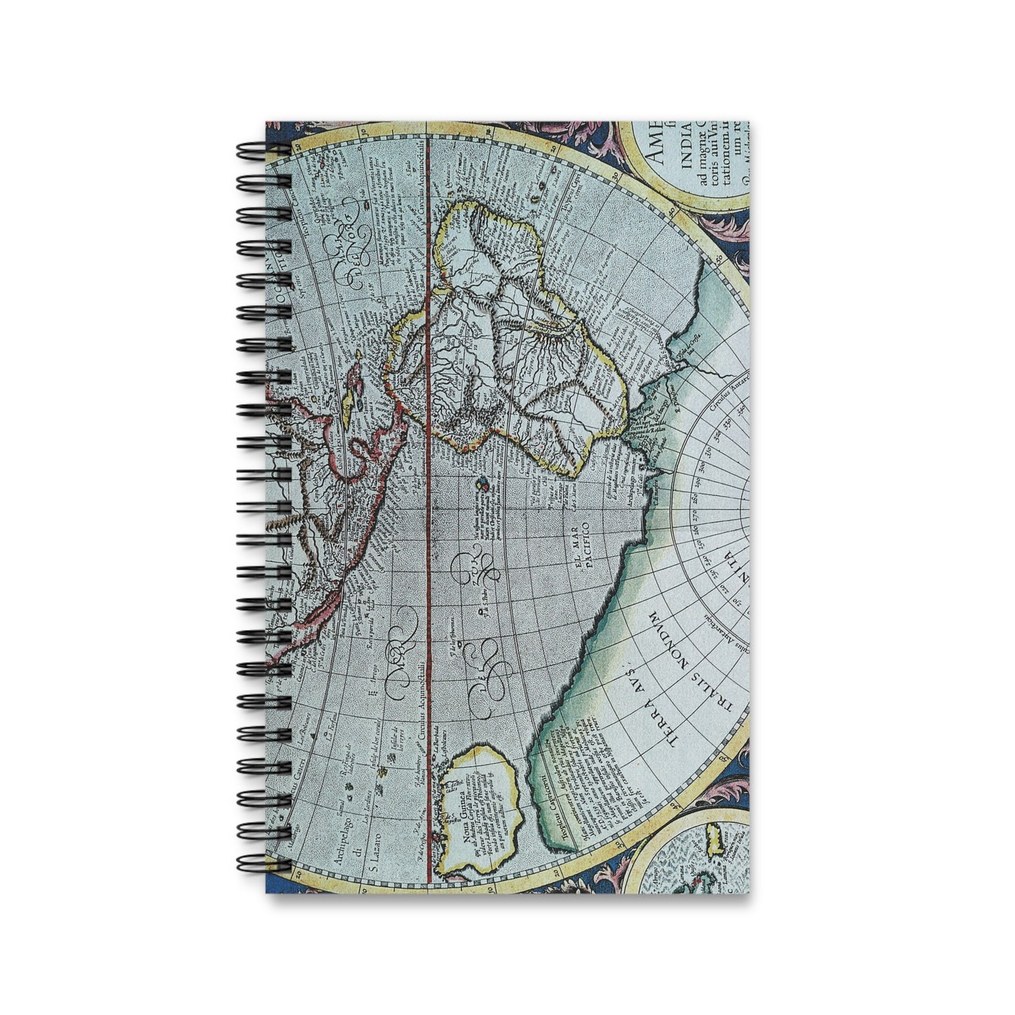 old World map spiral bound notebook in blues