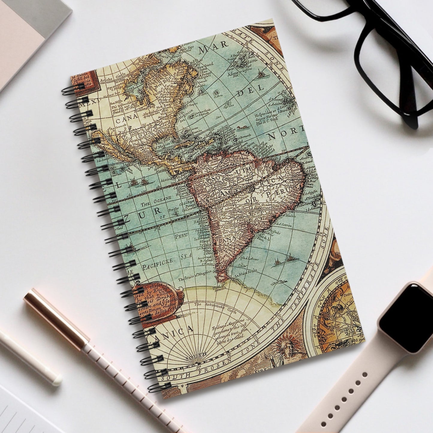 Vintage Map Spiral bound, blank, lined or dot grid travel journal notebook