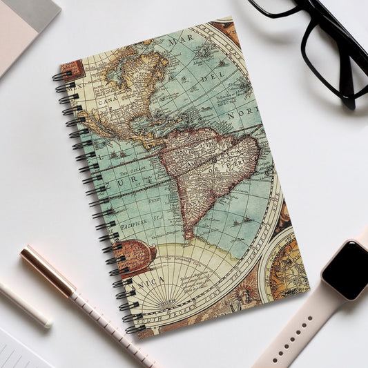 Vintage Map Spiral Bound Notebook, blank, lined or dot grid travel journal notebook