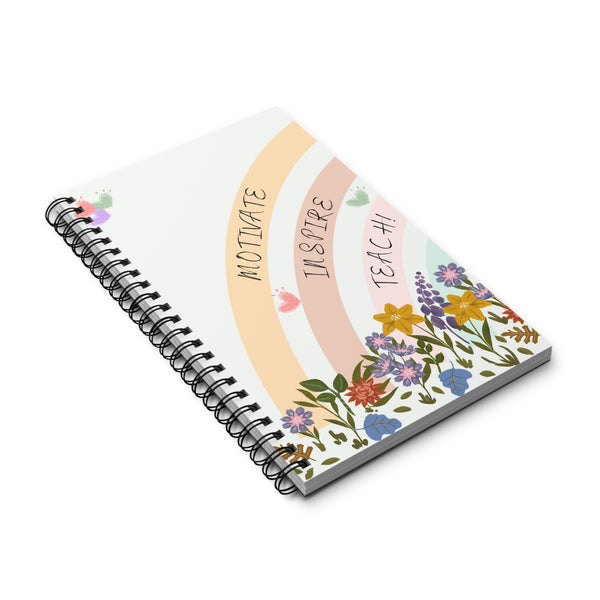 Teacher Gift Notebook Journal, Spiral bound, blank, lined or dot grid pages, rainbow and floral design