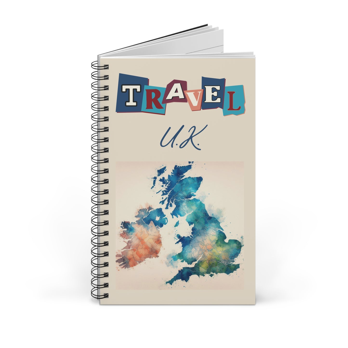 Travel the UK with this Spiral bound travel notebook, choose your page design