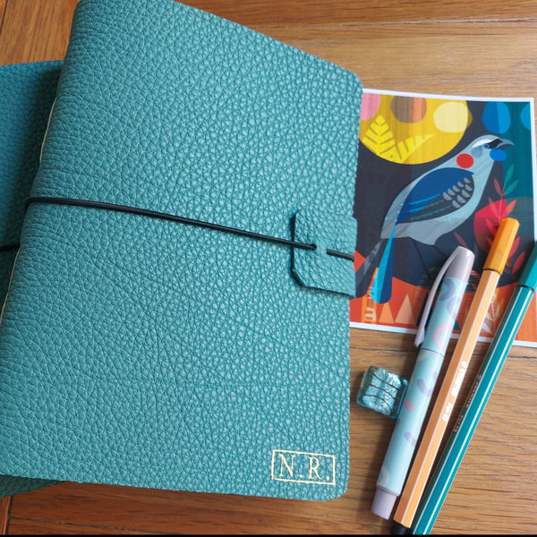 Hand bound bubble aqua leather travel journal with initials