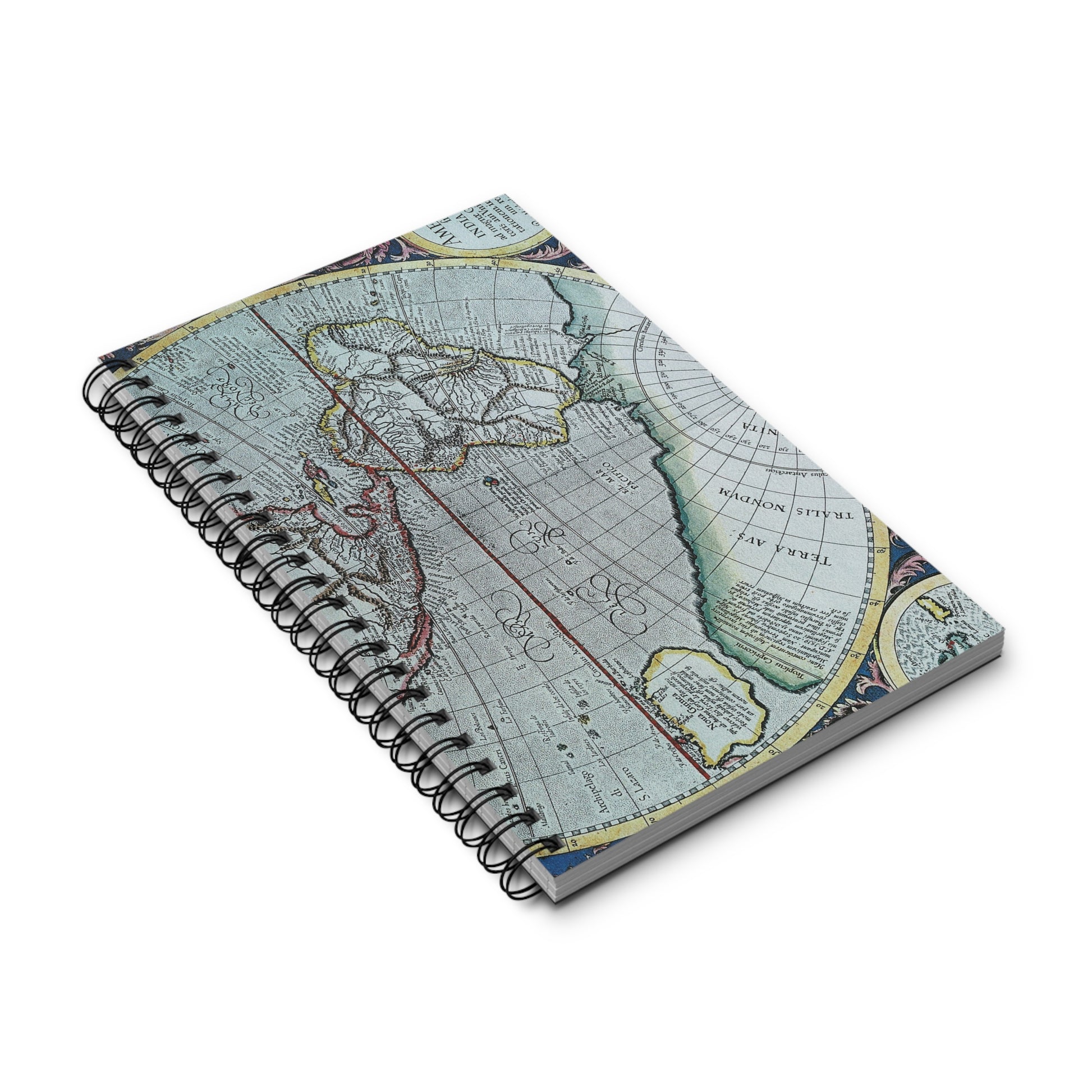 old World map spiral bound notebook in blues