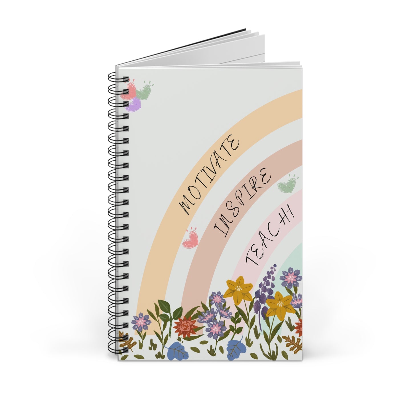 Teacher Gift Notebook Journal, Spiral bound, blank, lined or dot grid pages, rainbow and floral design