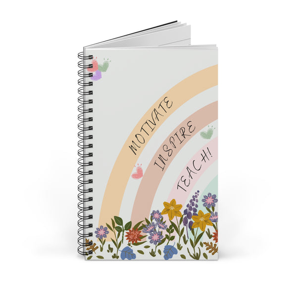Teacher Gift Notebook Journal, Spiral bound, blank, lined or dot grid pages, rainbow and floral design