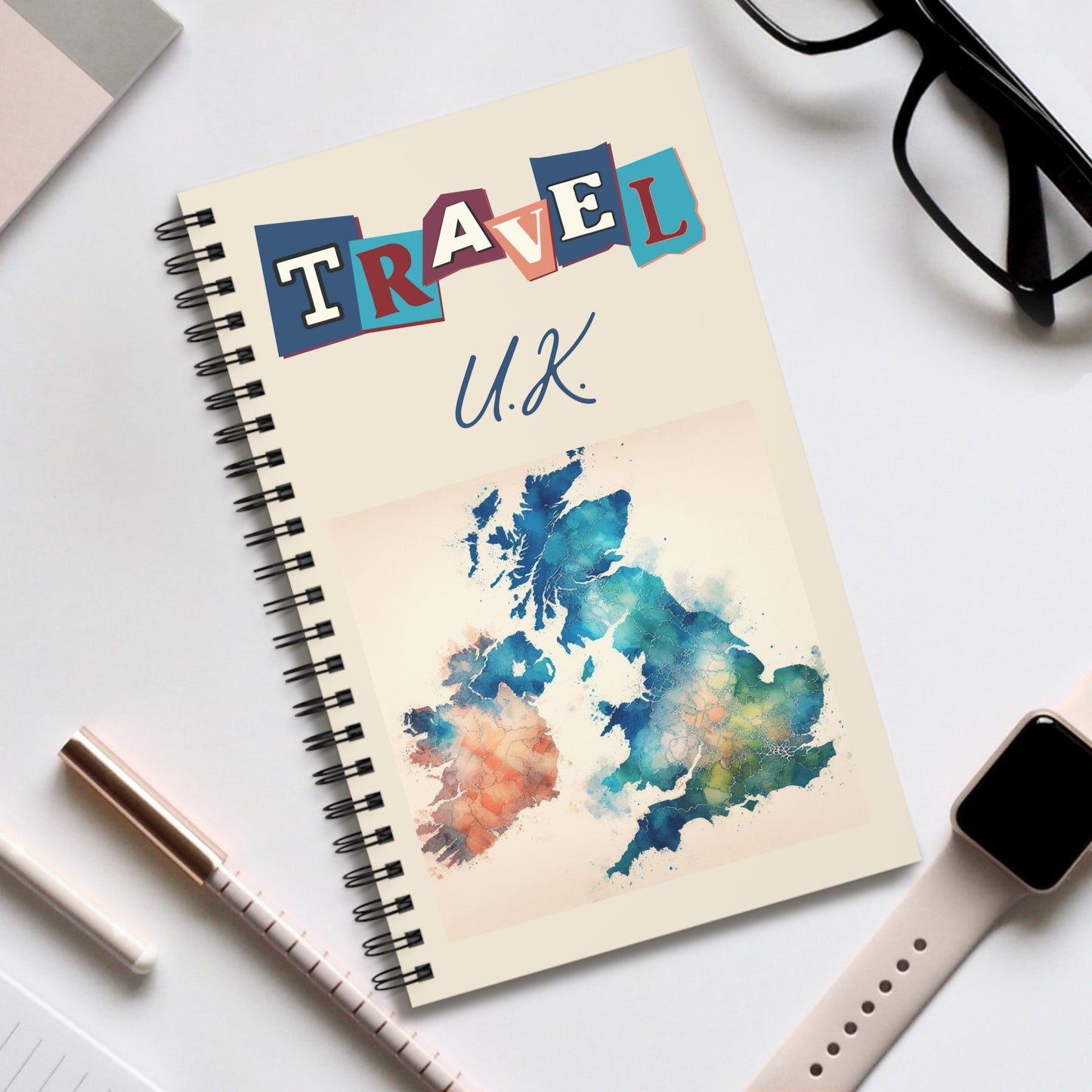 Travel the UK with this Spiral bound travel notebook, choose your page design