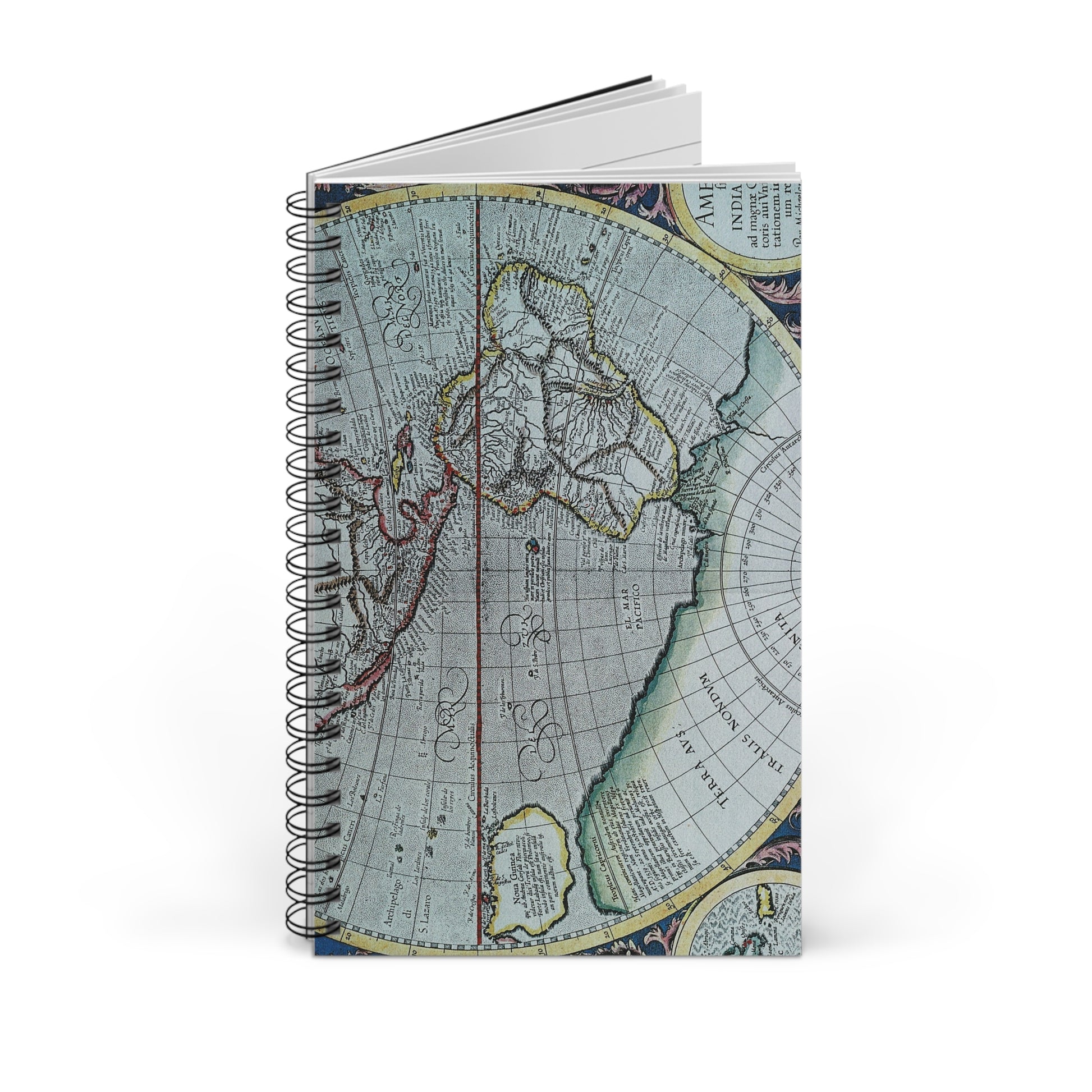 old World map spiral bound notebook in blues