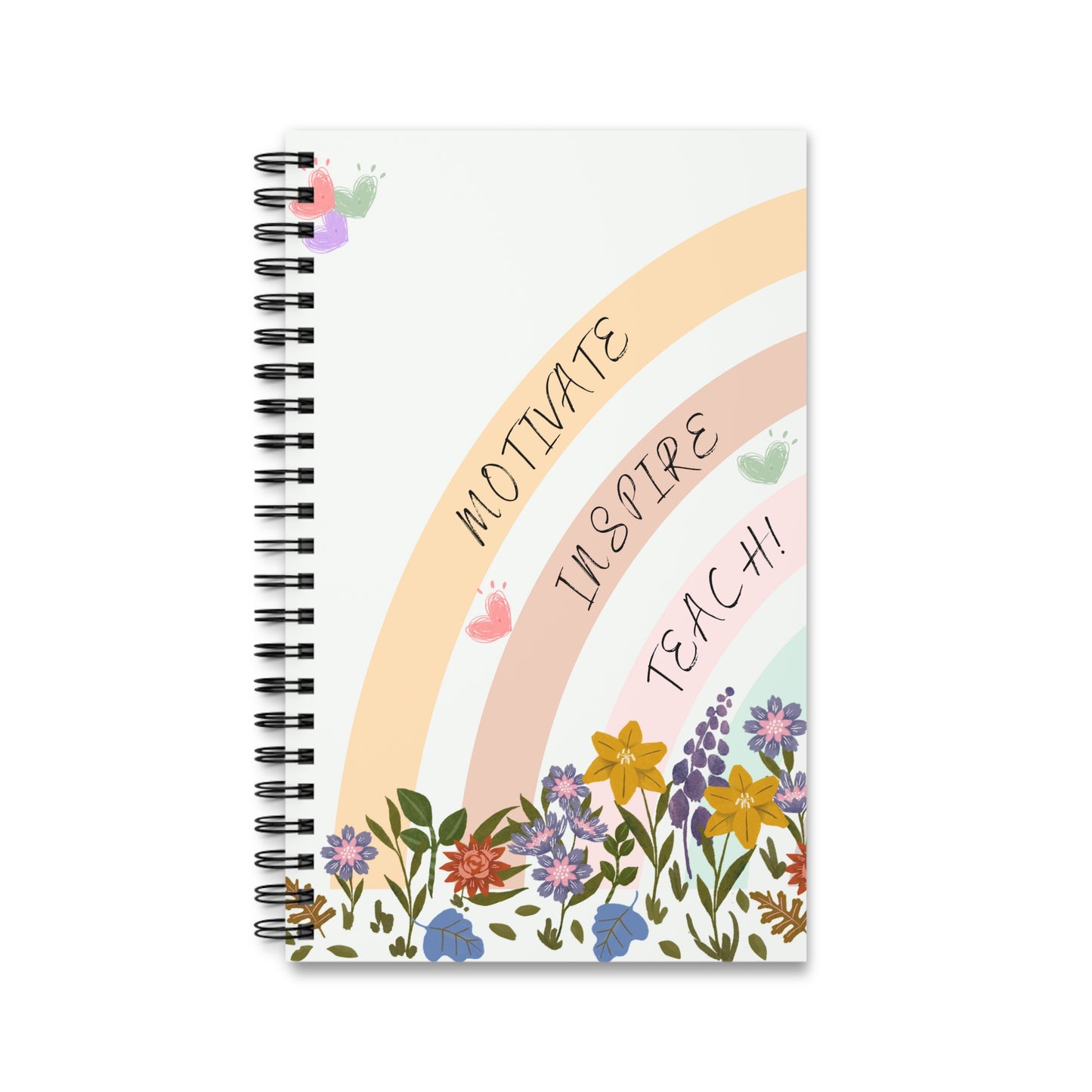 Teacher Gift Notebook Journal, Spiral bound, blank, lined or dot grid pages, rainbow and floral design