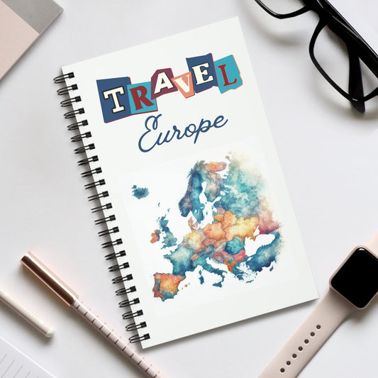 Travel Europe Spiral bound travel notebook, choose dot grid, lined or blank pages for your backpacking or travels across Europe