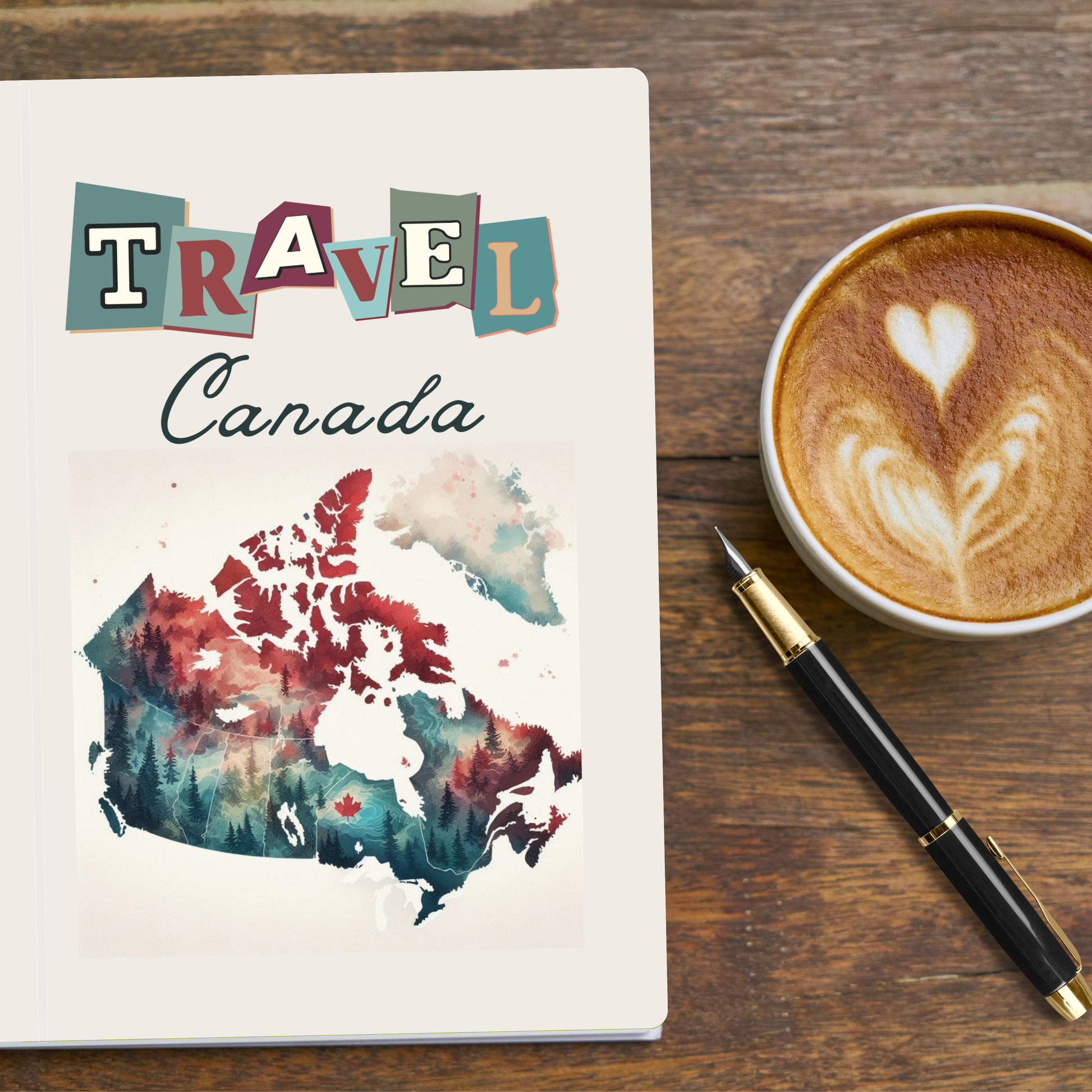 Travel journal entitled Travel Canda with stylised Canadian map in full colour