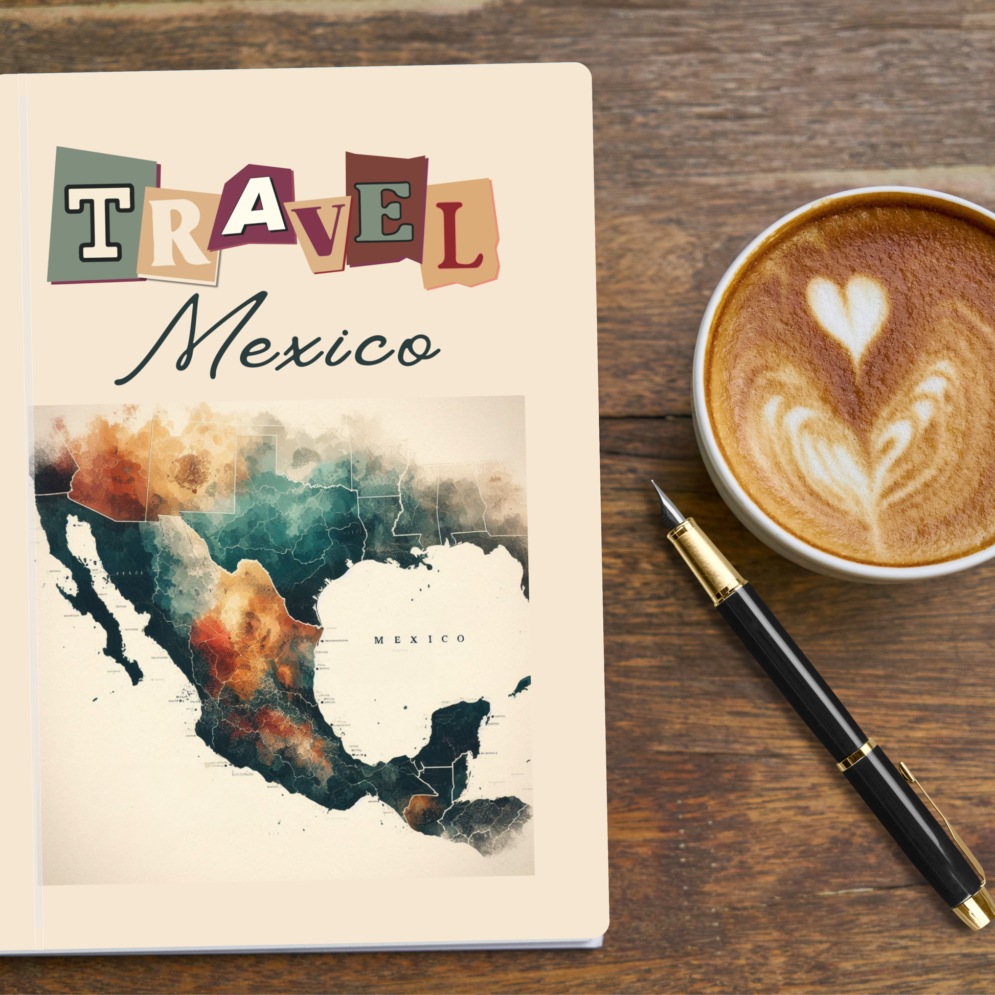 Abstract MAp of Mexico with the title Travel Mexico on a book cover